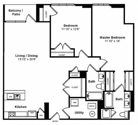 Floor plan for 2 beds, 2 baths, 1233 sqft